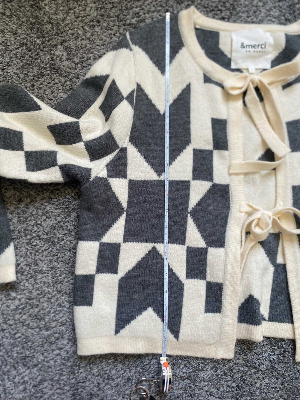 Cream and Dark Gray Geometric Tie-Front Cardigan - Picture 7 of 10